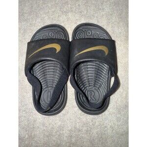 Nike Kawa Boys Size 8C Black Slides With Strap Gold
